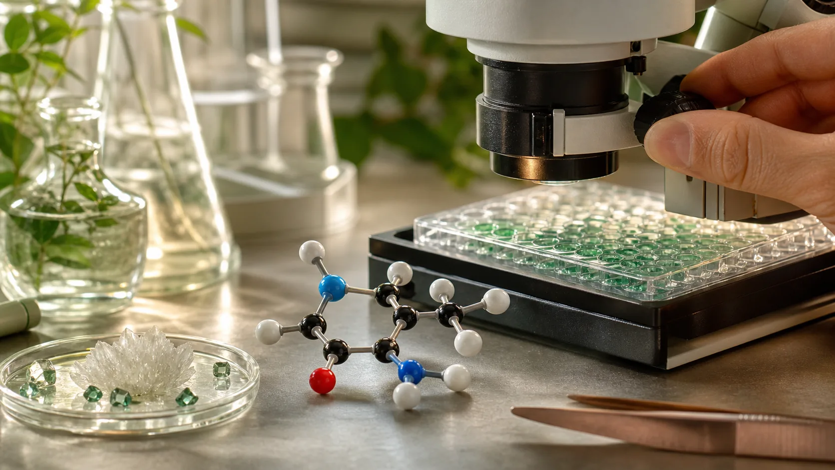 Small-molecule model and enzyme assay examined under a stereomicroscope