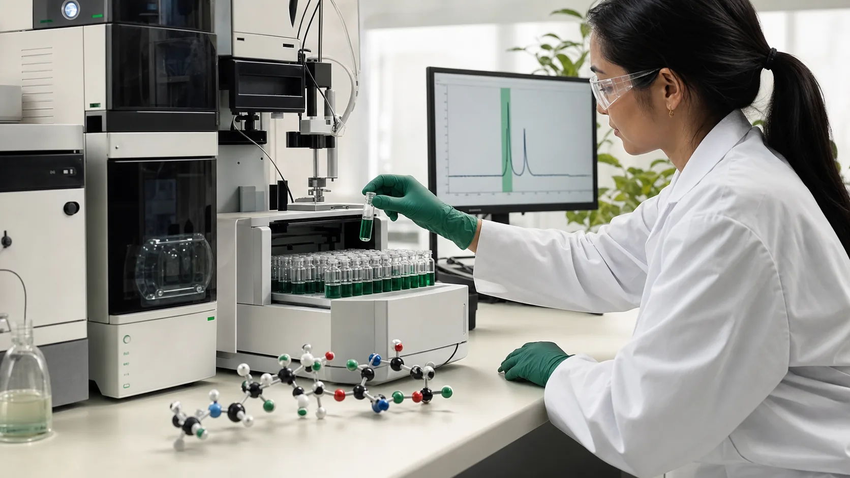 Researcher collecting an isolated peptide fraction during HPLC analysis