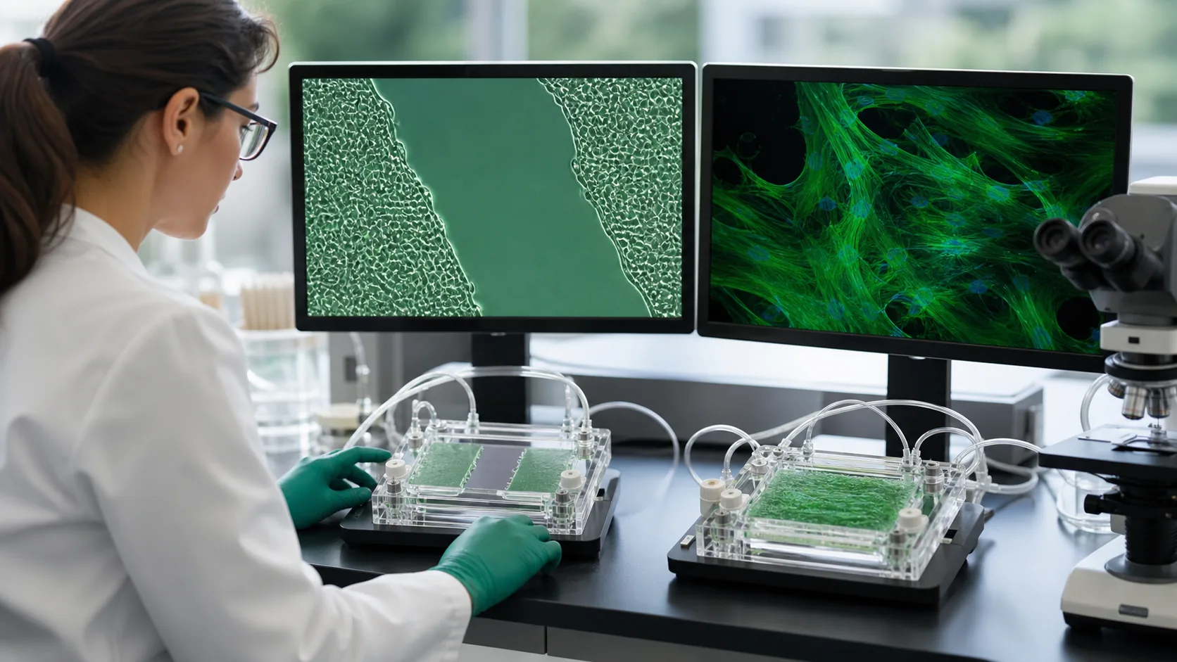 Researcher comparing epithelial migration and actin-fiber repair assays
