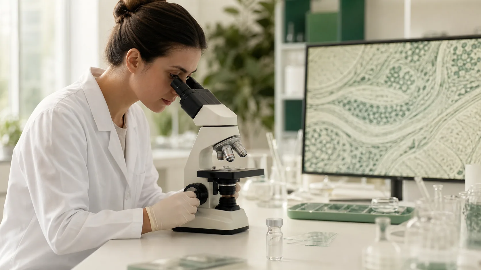 Researcher examining a tissue sample during BPC-157 preclinical research