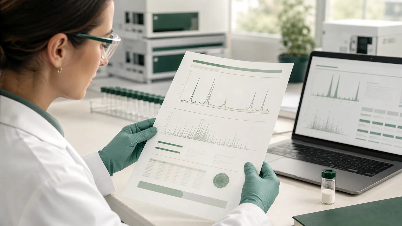 Laboratory analyst reviewing chromatogram and mass spectrometry documentation