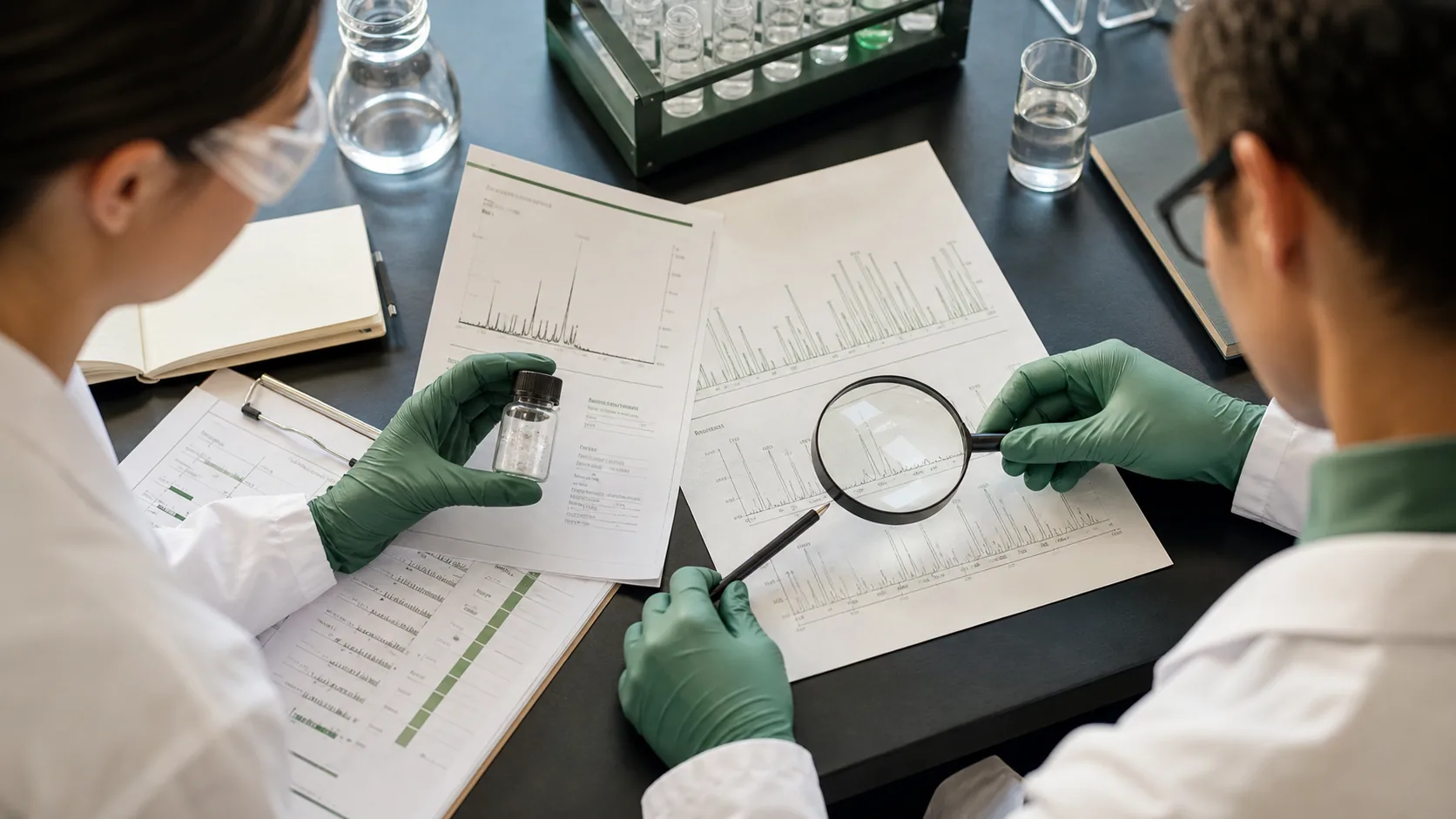 Laboratory analysts verifying chromatogram and mass-spectrum documentation