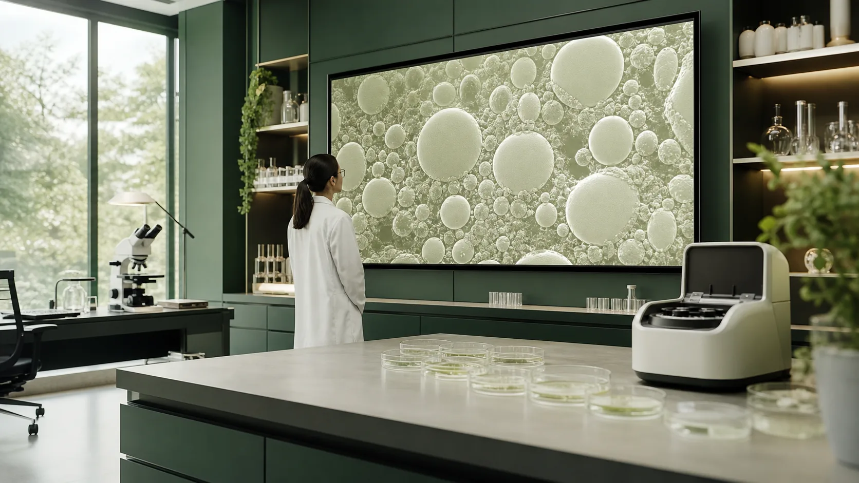 Scientist reviewing adipocyte microscopy in a metabolic research laboratory