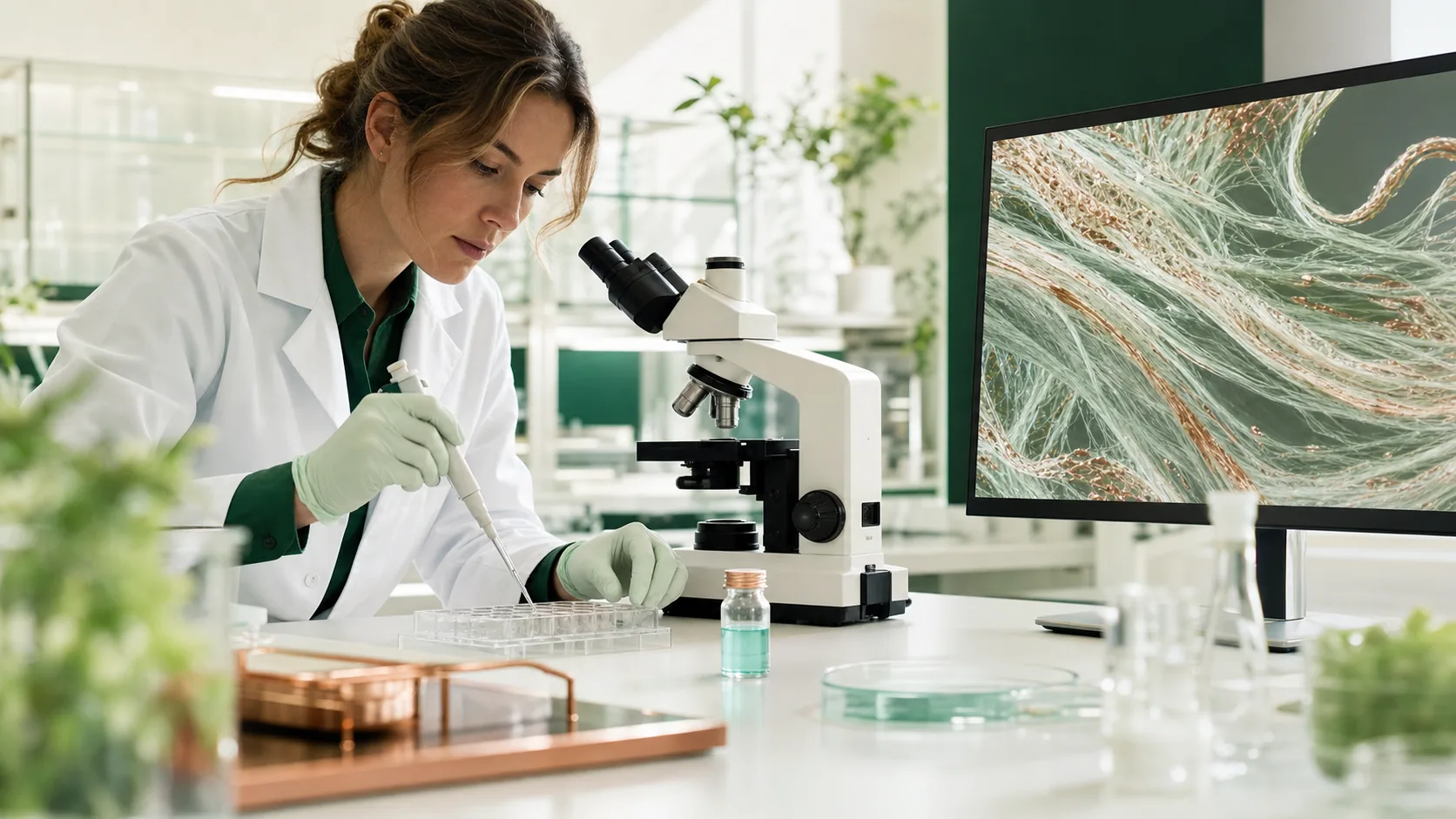 Researcher studying copper-peptide effects in a cell biology laboratory