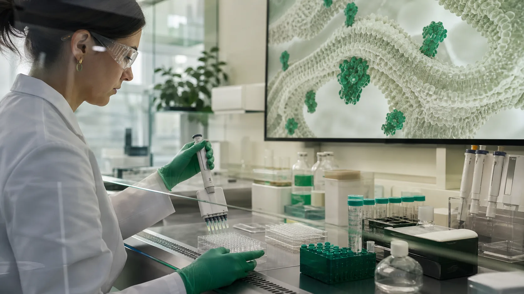 Researcher preparing a receptor-binding assay in a laboratory hood