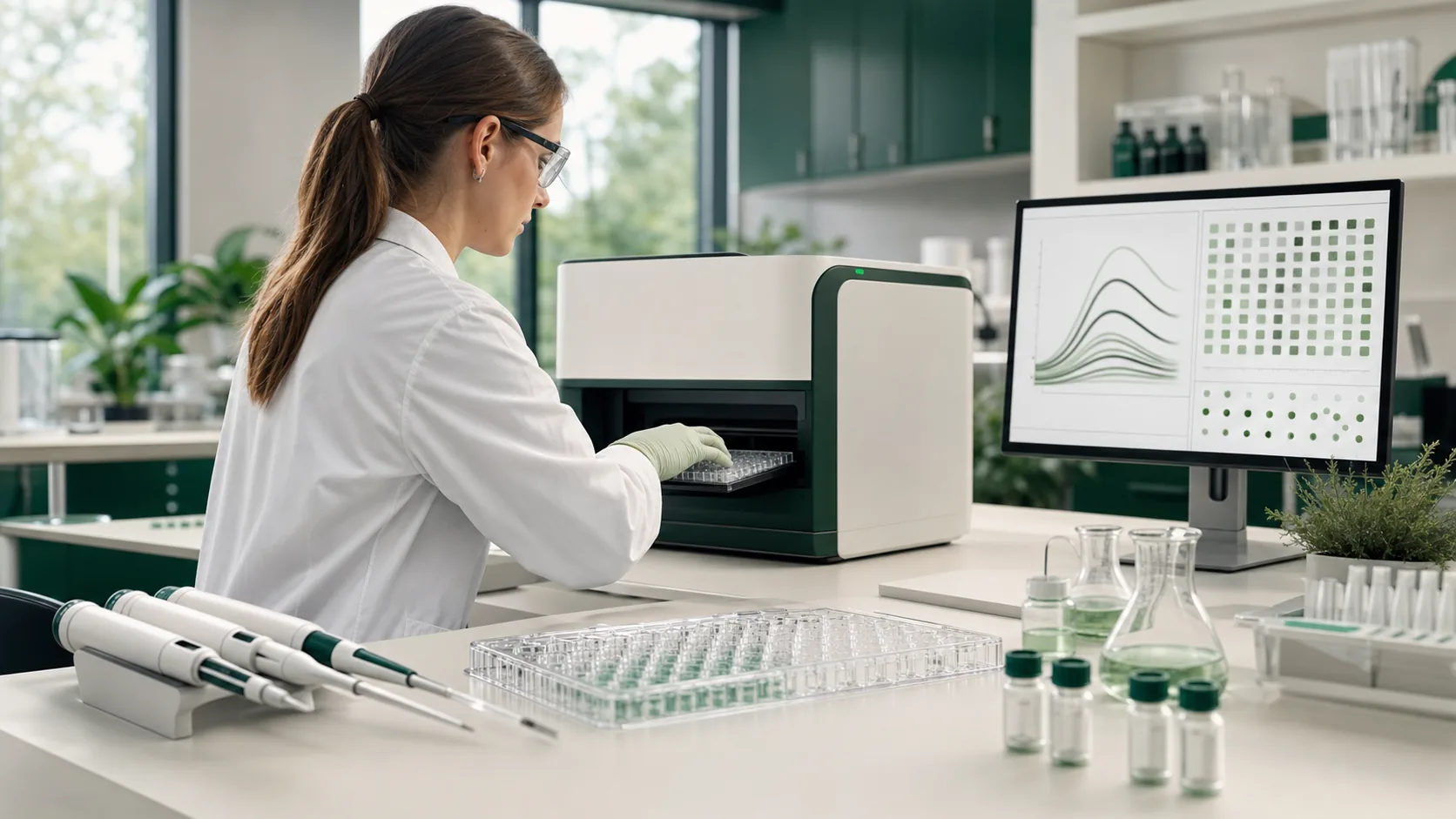 Researcher operating a laboratory assay instrument for secretagogue research