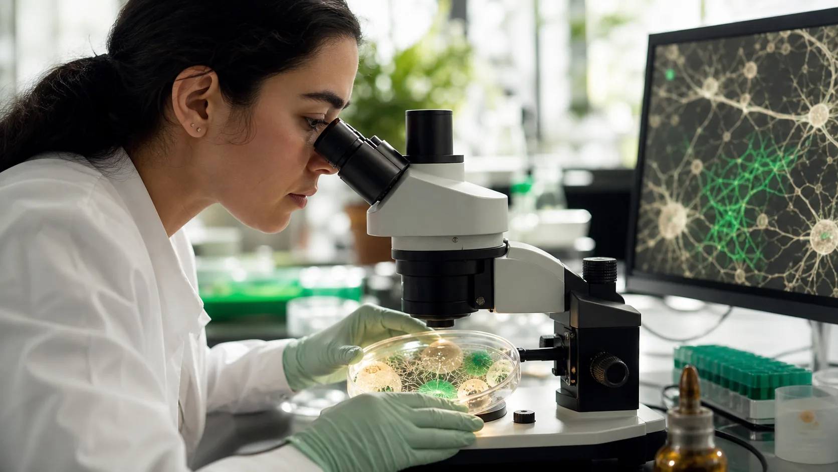 Researcher examining neural organoid cultures and neuron networks