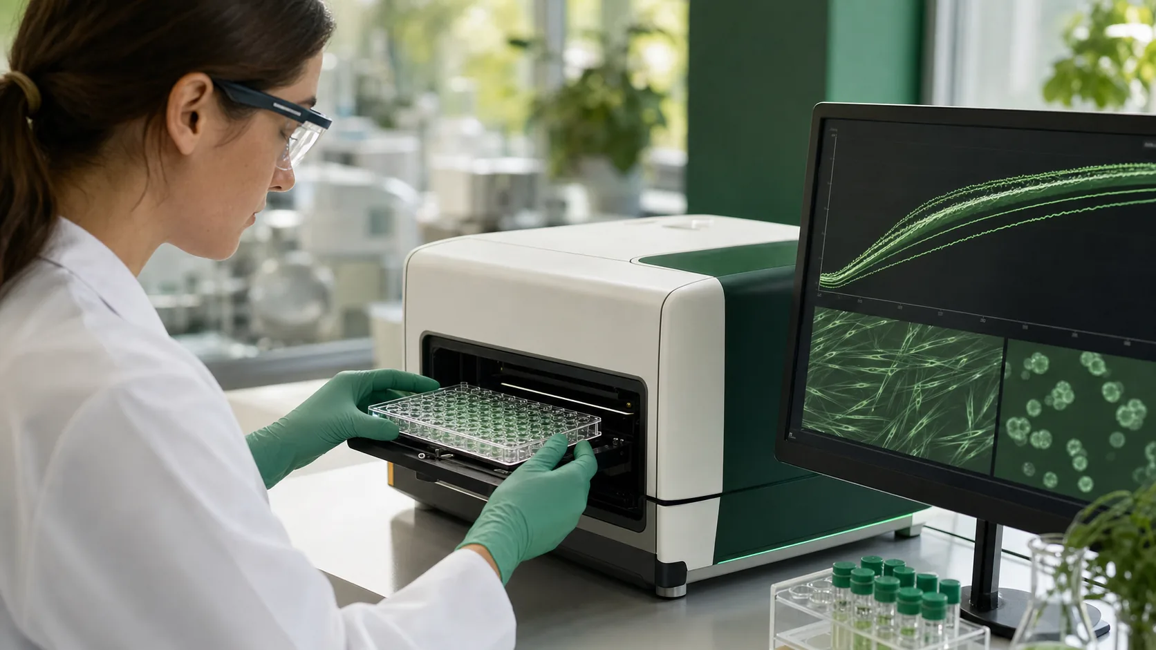 Researcher loading a real-time cell growth assay instrument
