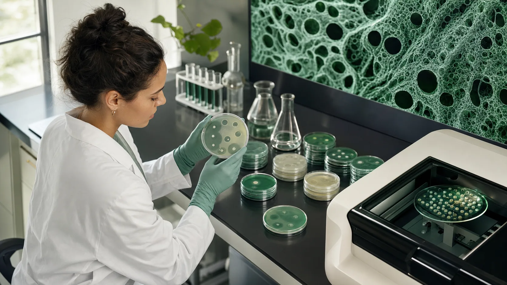 Researcher examining antimicrobial susceptibility plates