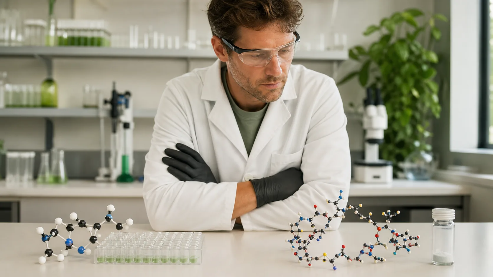 Researcher comparing small-molecule and peptide models on a laboratory bench
