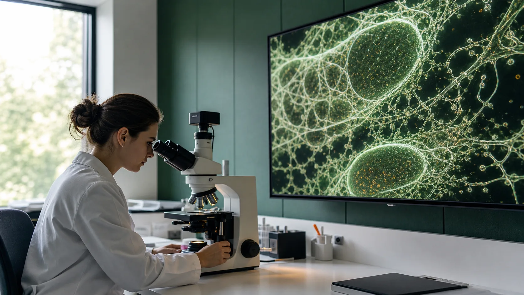 Researcher examining mitochondrial networks with confocal microscopy