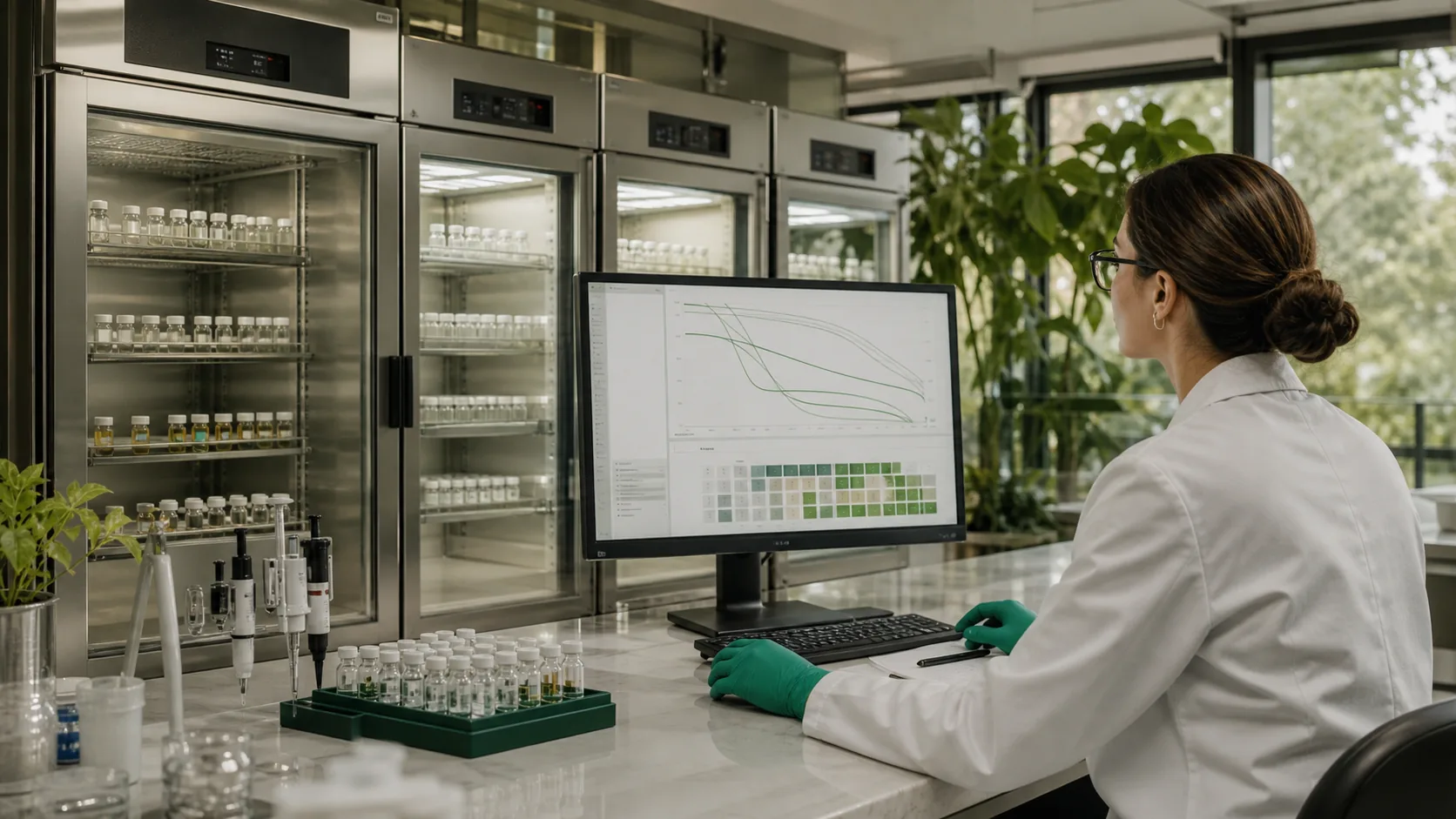 Researcher reviewing controlled-temperature peptide stability testing