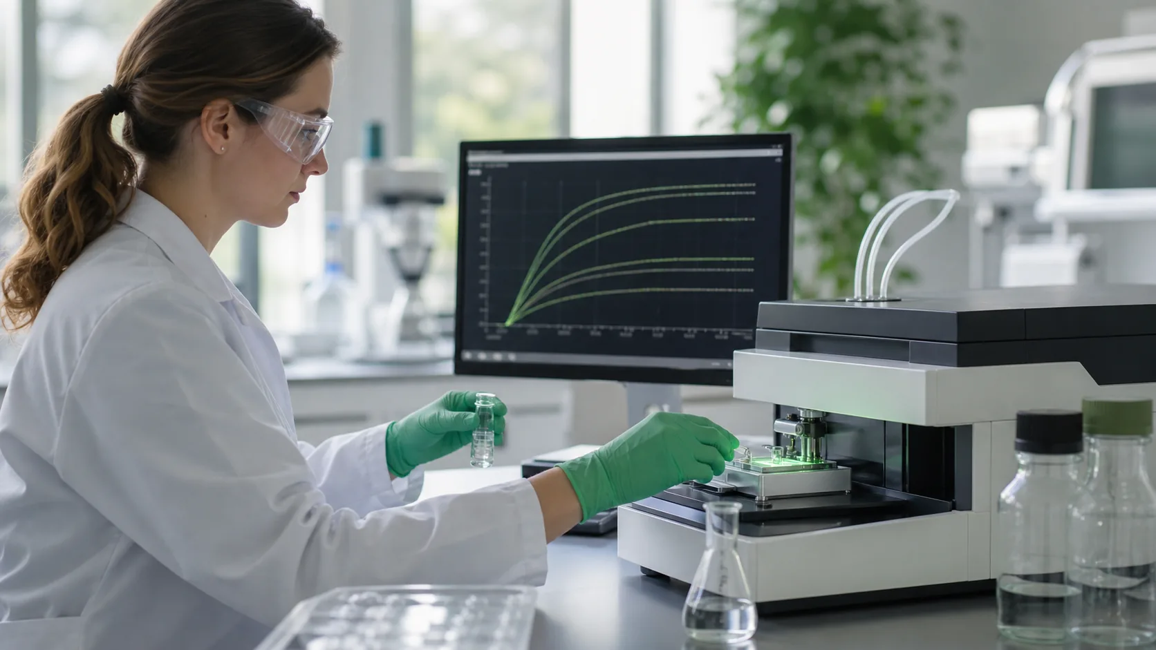 Researcher conducting a receptor-binding assay with a sensor instrument