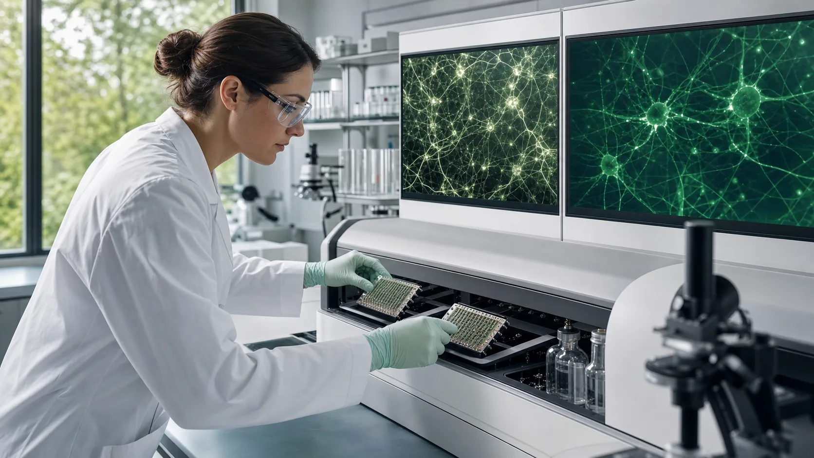 Researcher comparing two neuronal culture arrays and synaptic activity