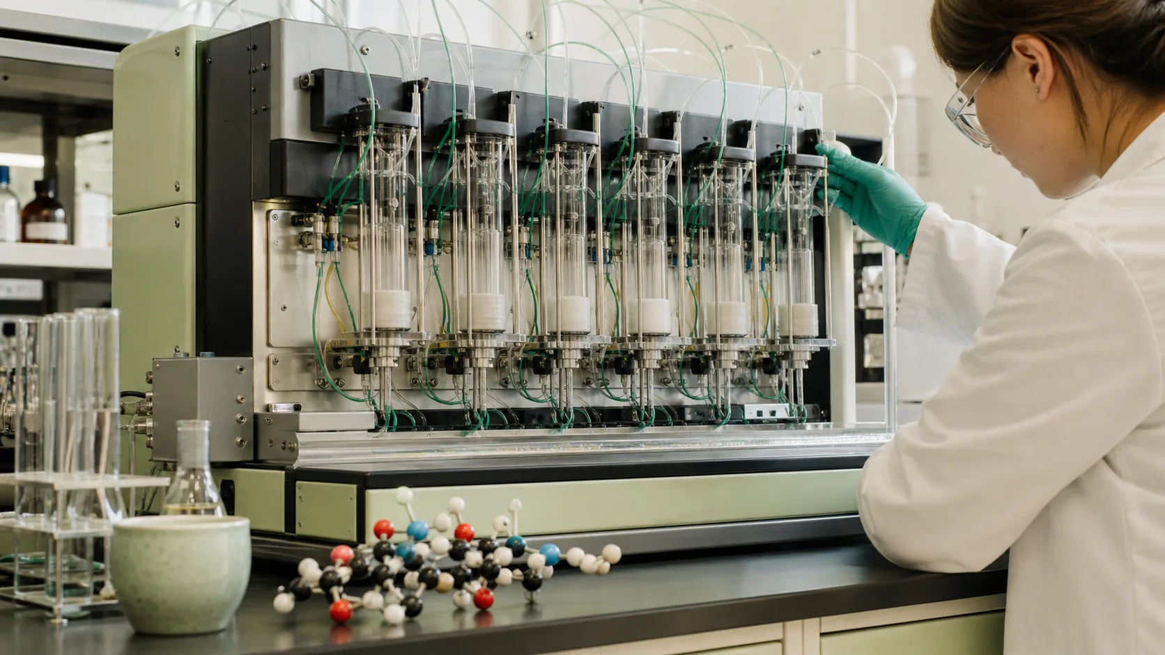 Researcher monitoring an automated peptide synthesis instrument