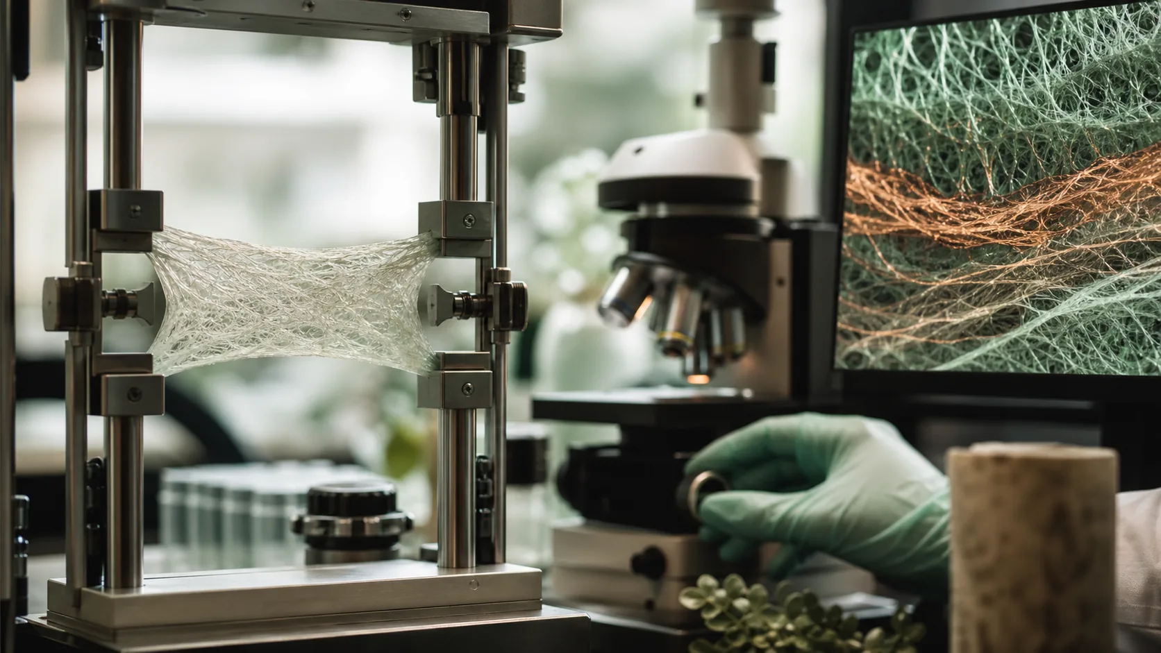 Collagen scaffold undergoing tensile and polarized-light analysis