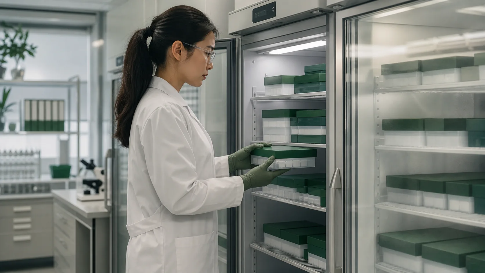 Researcher organizing samples in scientific cold storage
