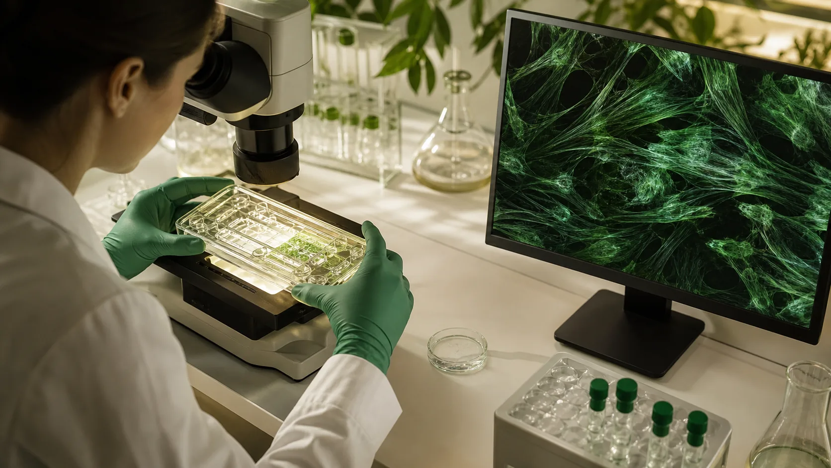 Researcher inspecting a tissue-culture chamber and actin filament microscopy