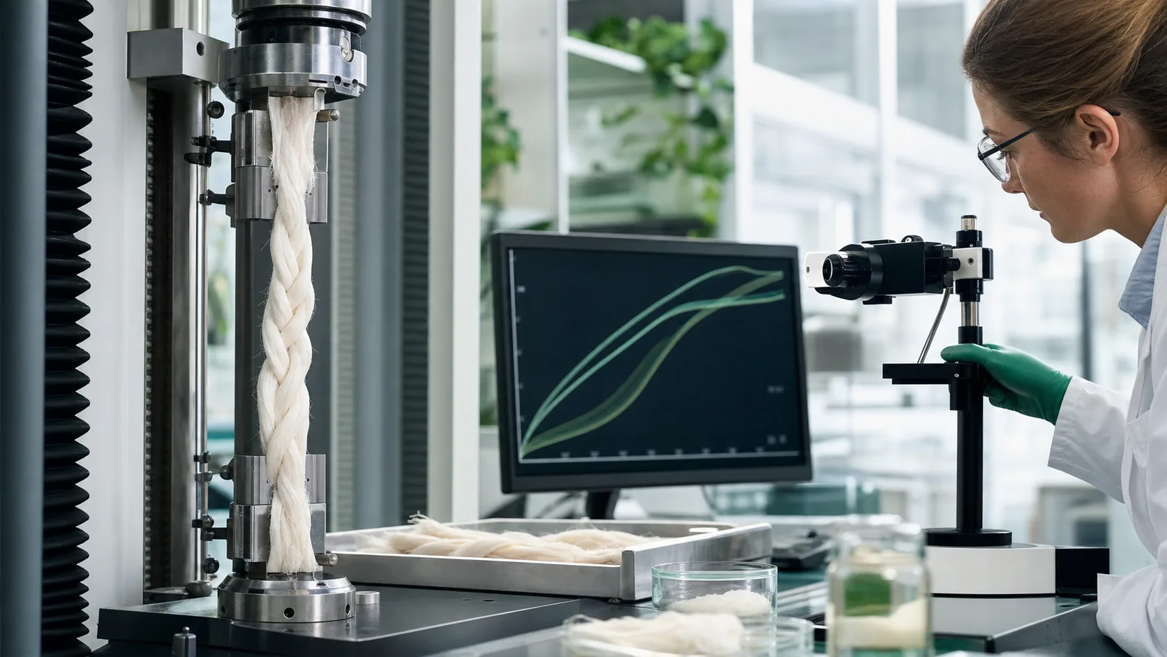 Braided collagen specimen undergoing mechanical load testing