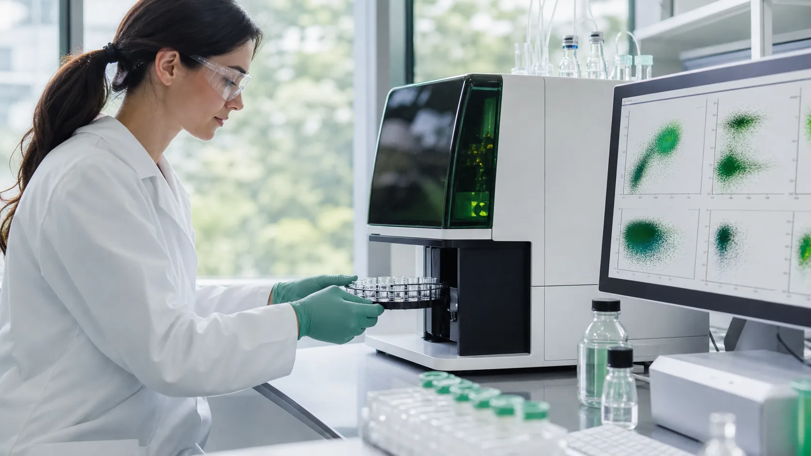 Researcher loading immune-cell samples into a flow cytometer